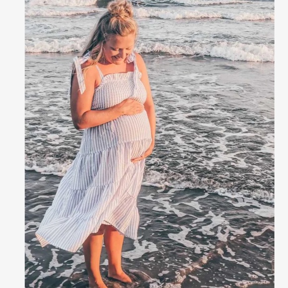 Striped Blue White Midi Dress Tie Straps Shirred Ruffle Detail - Picture 16 of 16